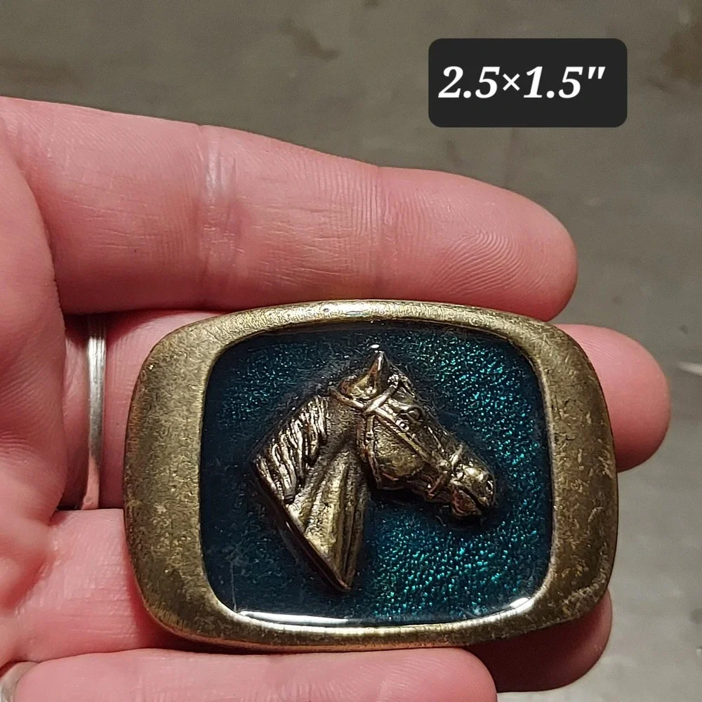 Vintage 1983 MM Limited Horse Belt Buckle Western Teal Enamel USA Made 1302